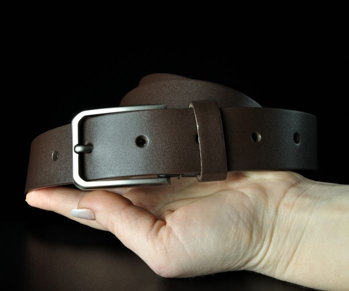 Чоловічий шкіряний ремінь Kremen батал коричневий гладкий 3,5 см (класична пряжка)