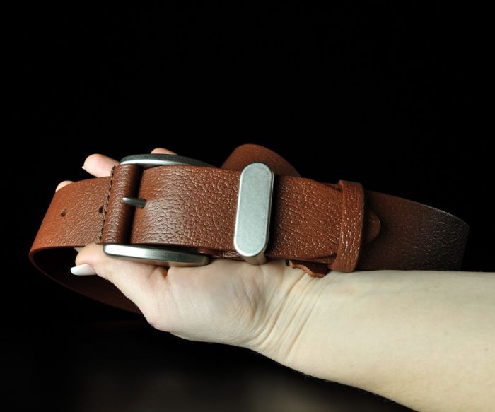 Чоловічий шкіряний ремінь Kremen світло-коричневий структурний 4 см (класична пряжка)