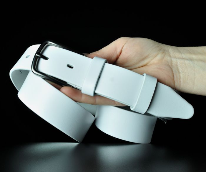 Чоловічий шкіряний ремінь преміум Kremen білий гладкий 3,5 см (класична пряжка)