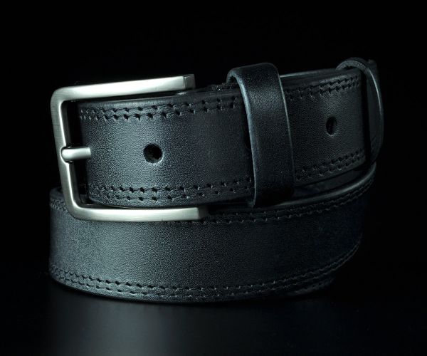 Чоловічий шкіряний ремінь Kremen батал чорний гладкий прошитий 3,5 см — 146 см (класична пряжка)