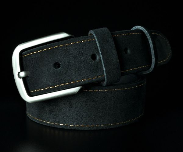 Чоловічий замшевий ремінь Kremen чорний з коричневою ниткою 4 см — 121 см (класична пряжка)