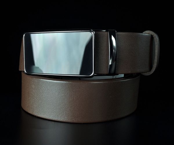 Чоловічий шкіряний ремінь преміум Kremen коричневий 3,7 см — 117 см (чорна глянцева пряжка автомат)