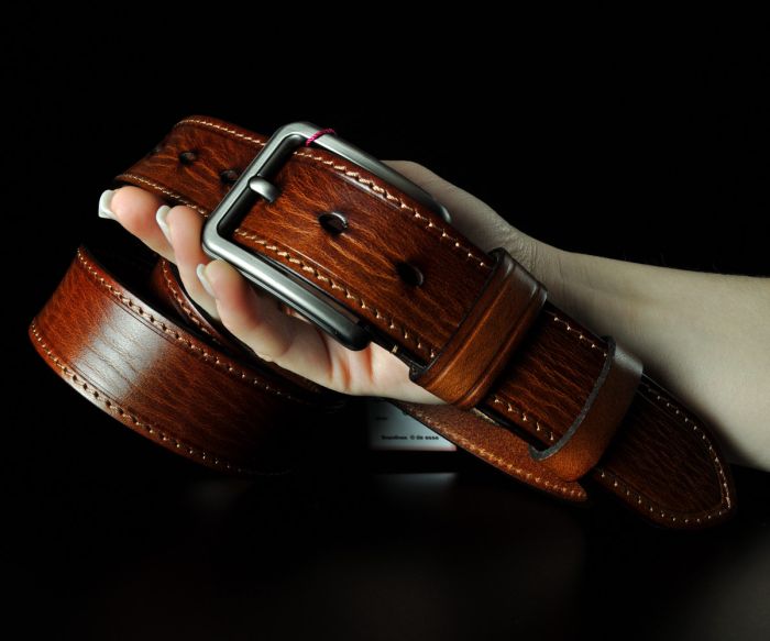 Чоловічий коричневий ремінь De Esse з фактурної шкіри, прошитий (3,8 см)