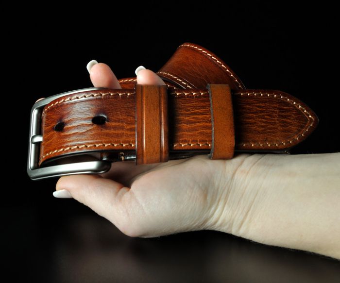 Чоловічий коричневий ремінь De Esse з фактурної шкіри, прошитий (3,8 см)