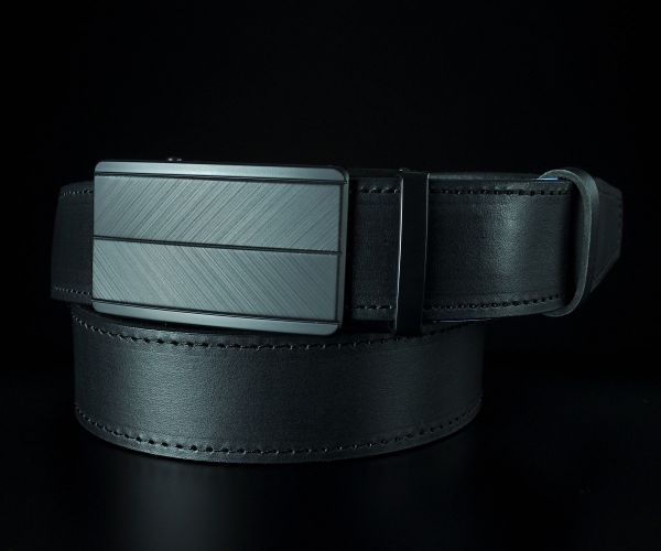 Шкіряний пасок SFIP чорний, пряжка автомат з рифленим візерунком (3,5 см)