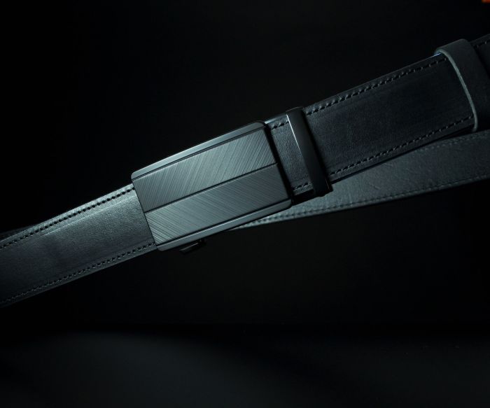 Шкіряний пасок SFIP чорний, пряжка автомат з рифленим візерунком (3,5 см)