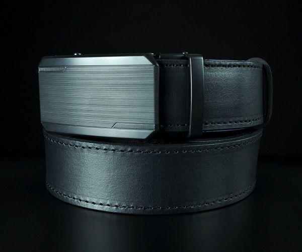Чоловічий шкіряний ремінь SFIP автомат з матовою фактурною пряжкою, чорний (3,5 см)