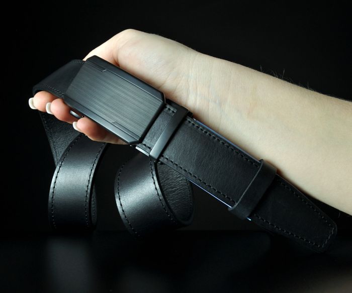 Чоловічий шкіряний ремінь SFIP автомат з матовою фактурною пряжкою, чорний (3,5 см)