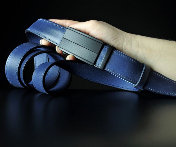 Чоловічий синій ремінь SFIP автомат прошитий, чорна матова пряжка (3,5 см)