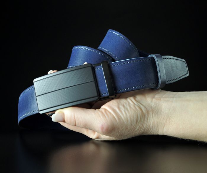 Чоловічий синій ремінь SFIP автомат прошитий, чорна матова пряжка (3,5 см)