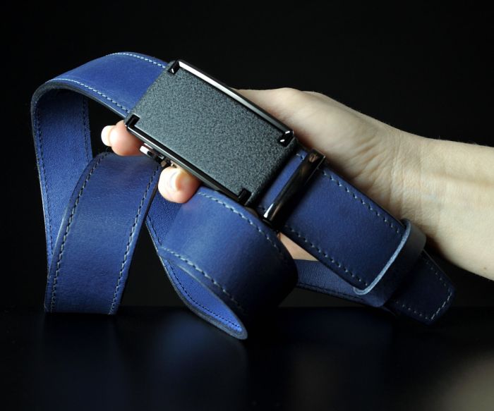 Чоловічий синій ремінь SFIP автомат прошитий, лаконічна матова пряжка (3,5 см)