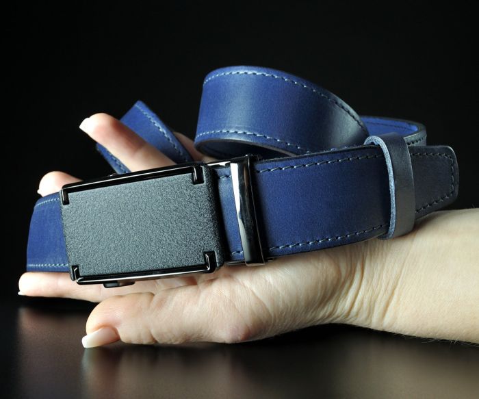 Чоловічий синій ремінь SFIP автомат прошитий, лаконічна матова пряжка (3,5 см)