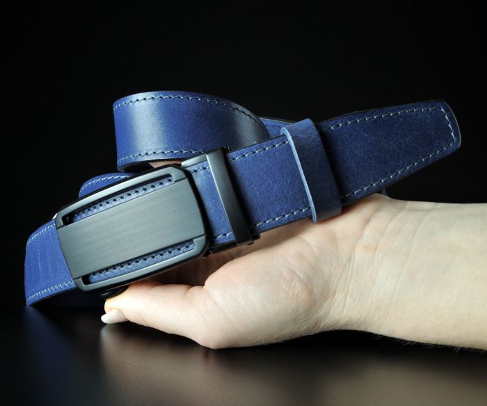Чоловічий синій ремінь SFIP автомат прошитий, матова пряжка з вирізами (144 см)