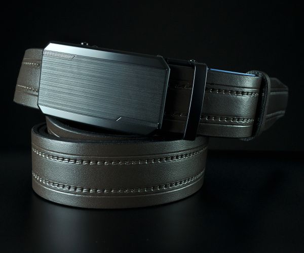 Чоловічий коричневий ремінь SFIP автомат з поздовжнім тисненням та подвійною прошивкою (143 см)