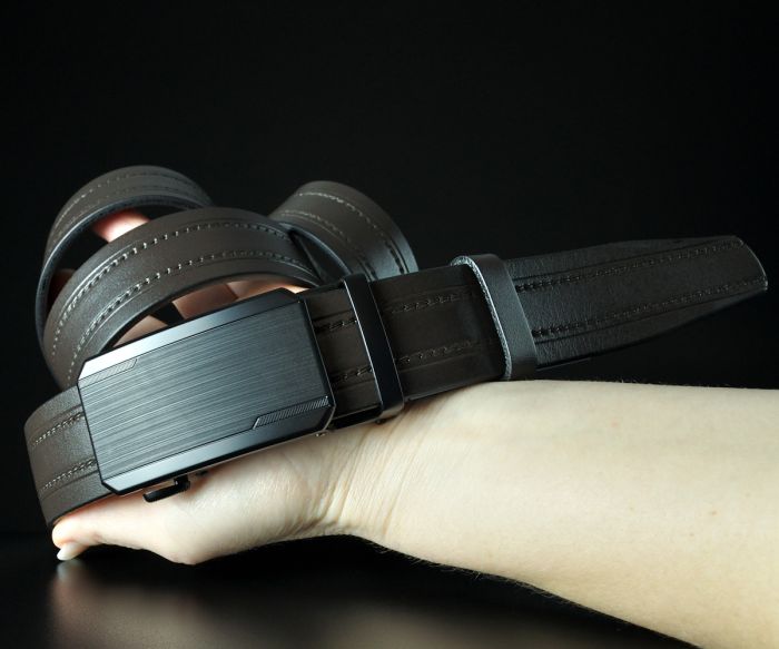 Чоловічий коричневий ремінь SFIP автомат з поздовжнім тисненням та подвійною прошивкою (143 см)