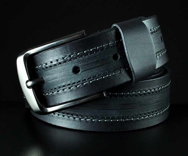 Чоловічий чорний ремінь під джинси з подвійною прошивкою та тисненням (4 см)