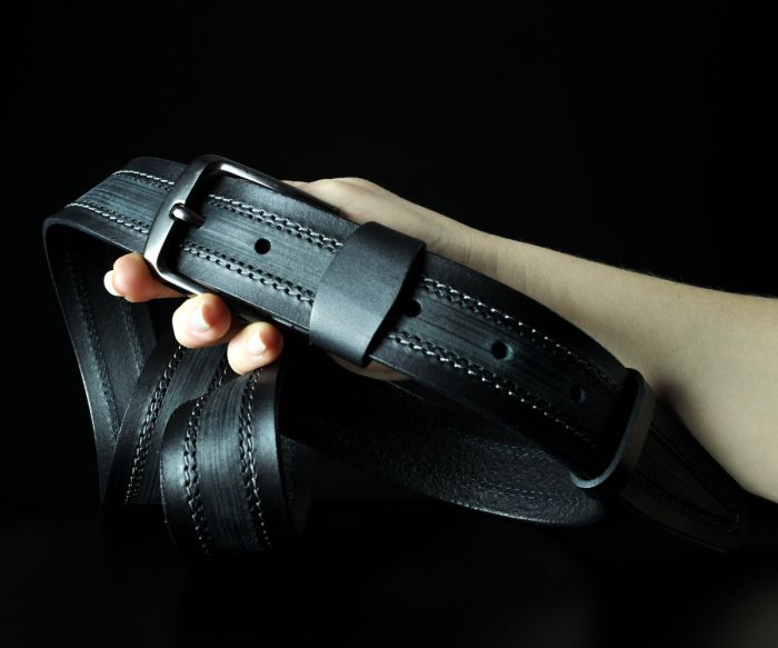 Чоловічий чорний ремінь під джинси з подвійною прошивкою та тисненням (4 см)