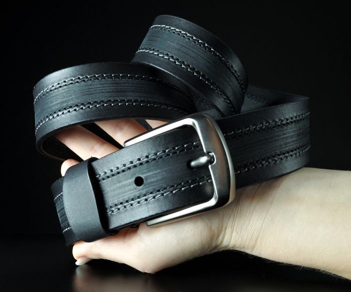 Чоловічий чорний ремінь під джинси з подвійною прошивкою та тисненням (4 см)