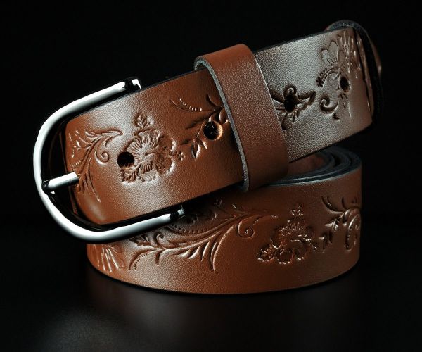 Жіночий шкіряний ремінь Sfip світло-коричневий, з квітковим тисненням (3,5 см)