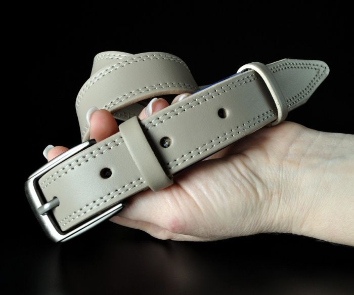 Жіночий шкіряний ремінь Kremen бежевий, з подвійною прошивкою (3 см)