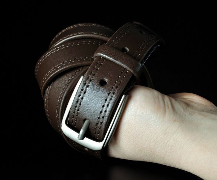 Жіночий шкіряний ремінь Kremen темно-коричневий, з подвійною прошивкою (3 см)